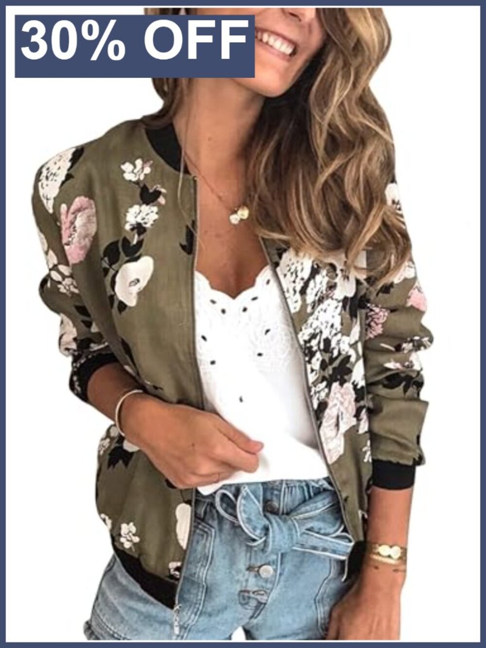Floral Zip Up Bomber Jacket Lightweight Quilted Casual Coat with Pockets
